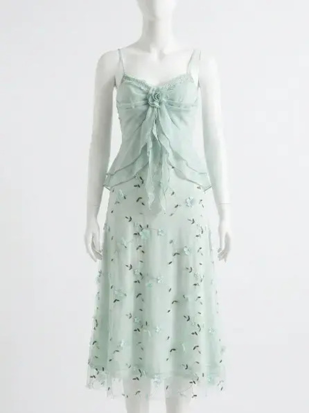 ZARA Green Floral Embroidered Mesh Cami Dress